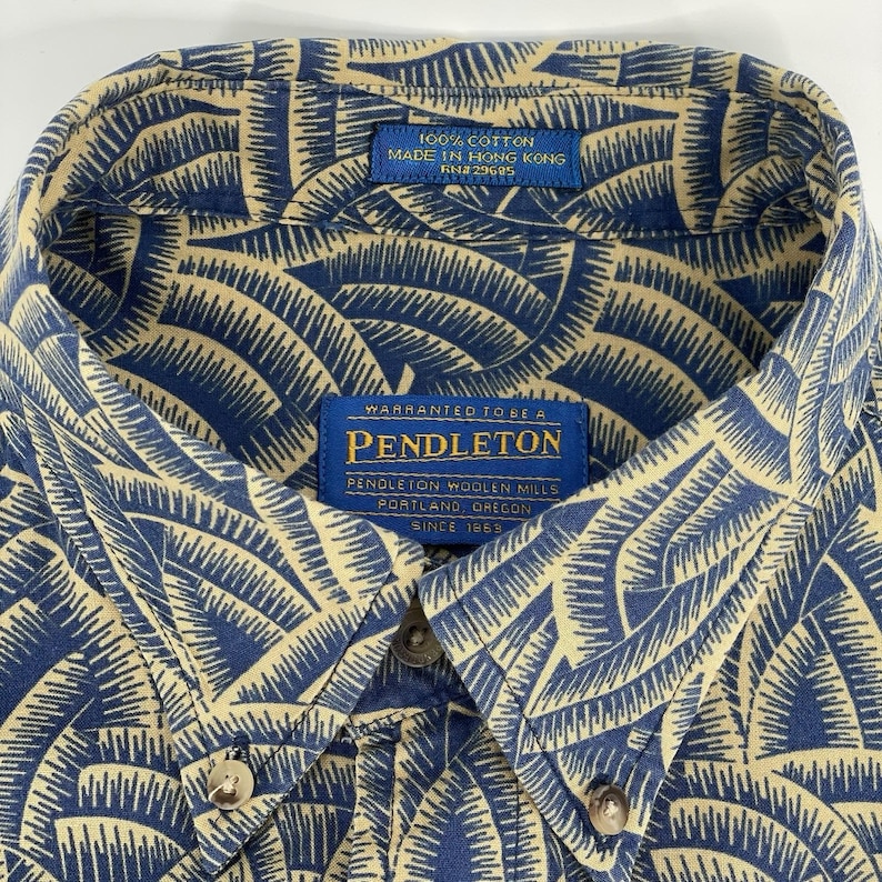 Pendleton Vintage Shirt Herren L Tan Blau Tropical Print Kurzarm Baumwolle USA Bild 6