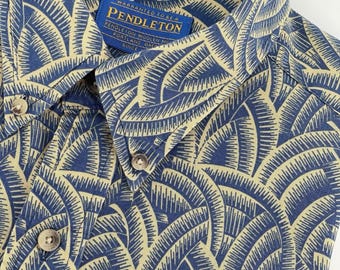 Koszula męska Pendleton Vintage, rozmiar L, jasnobrązowa, z nadrukiem tropikalnym, z krótkim rękawem, bawełniana, USA