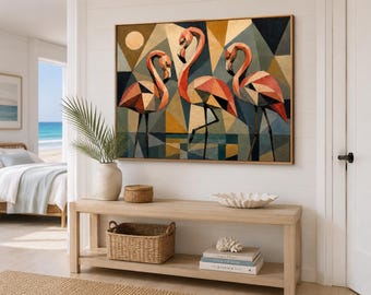Flamingo Trio | Geometric Flamingo Wall Art | Coastal Beach House Canvas Print | Mid Century Modern Flamingo Decor