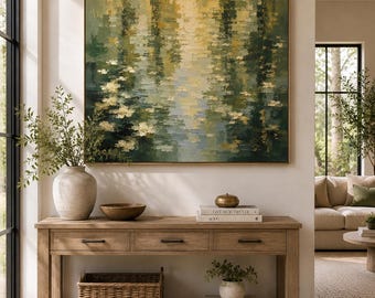 Across Water Wall Art, Green Botanical Landscape Print, Calm Nature Artwork, Large Neutral Living Room Decor