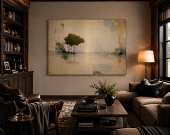 Neutral Landscape Wall Art - After the Noise - Beige Tree Canvas Print, Calm Water Reflection Artwork, Home Office Decor After the Noise