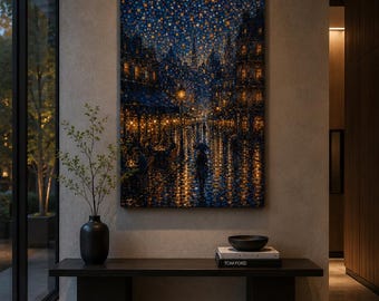 The Light Stayed On | Rainy City Canvas Print | Moody Evening Wall Art
