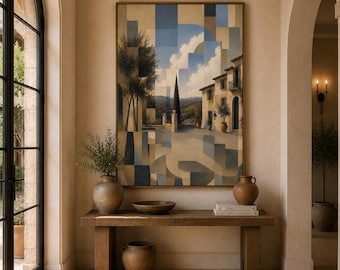 Tuscan Landscape Print - Mediterranean Villa Wall Art - Blue Beige Canvas Art - Italian Countryside Decor - Dinner With Friends