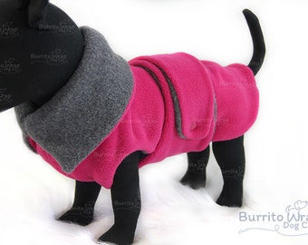 Pink and Grey ~ Gray  Winter Dog Coat - Two Tone Bright Pink and Mouse Grey Winter Coat - Custom Burrito Wrap™ Coat in Cozy Warm Fleece -