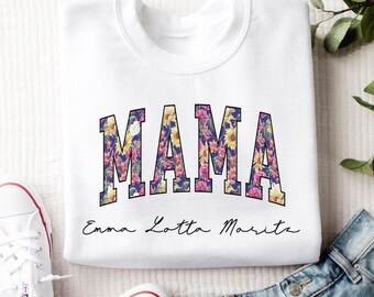 Personalized Mama Sweatshirt with Kids Names, Floral Mom Sweater, Custom Mama Pullover, Mother’s Day Gift, Gift for Mom, Gildan Crewneck
