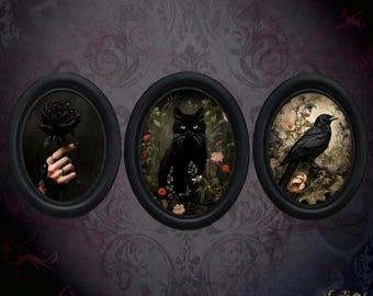 Ensemble d'art mural ovale gothique - Impressions encadrées de chat noir, de corbeau et de rose foncée