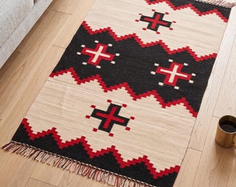 3x5 ft Southwestern Navajo Rug Boho Wool Tribal Flat Weave Kilim Area Rug Bohemian Decor Indian American Handmade Dhurrie Rugs Cross Pattern