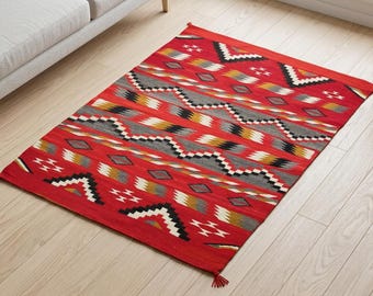 6x9 ft Handwoven Navajo Kilim Rug | Bold Red Southwestern Lightning Zigzag Wool Dhurrie | Tribal Flatweave Carpet | Free Shipping