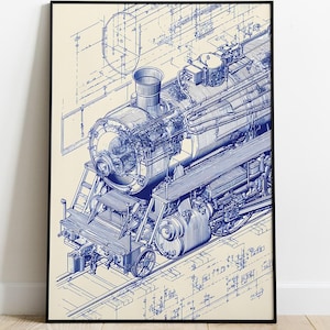 Pode incluir: Impressão emoldurada de um projeto de trem a vapor azul. A ilustração detalhada está em um fundo creme, mostrando os componentes mecânicos do trem. A impressão está em uma moldura preta, adequada para colecionadores.