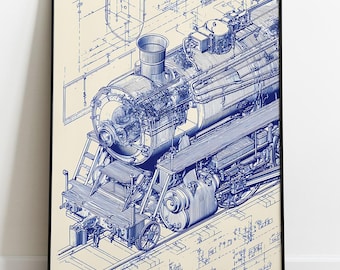 Affiche classique de plan de train à vapeur, illustration technique de locomotive vintage, art mural de dessin d'ingénierie ferroviaire rétro
