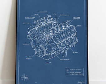 Póster con plano de motor V10, esquema de motor de alto rendimiento, arte mural imprimible de ingeniería automotriz.