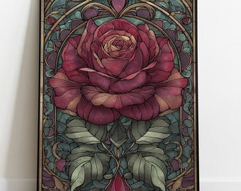 Stained Glass Red Rose Poster, Art Nouveau Floral Illustration, Gothic Rose Wall Art, Vitraj Rose Print, Romantic Decor, Digital Download