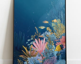 Aquarium Illustration Poster, Underwater Wall Art, Ocean Reef Art Print, Colorful Fish Illustration, Coastal Decor, Digital Download