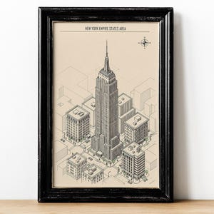 May include: Framed print of the New York Empire States Area, featuring an isometric illustration of the iconic skyscraper and surrounding buildings. The artwork is in black and white, set against a beige background, and enclosed in a black frame.