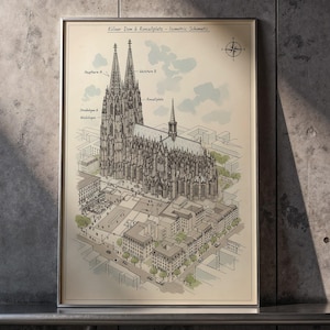 May include: Framed architectural print of the Cologne Cathedral, an isometric schematic with detailed line drawings. The print features the cathedral's twin spires, surrounding buildings, and text in German. The artwork is displayed on a concrete surface.