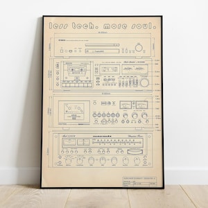 Puede incluir: Una impresión enmarcada estilo plano que presenta equipos de audio vintage, incluyendo un reproductor de casetes y un receptor. La impresión, en un marco negro, tiene el texto "less tech. more soul." sobre una superficie clara.