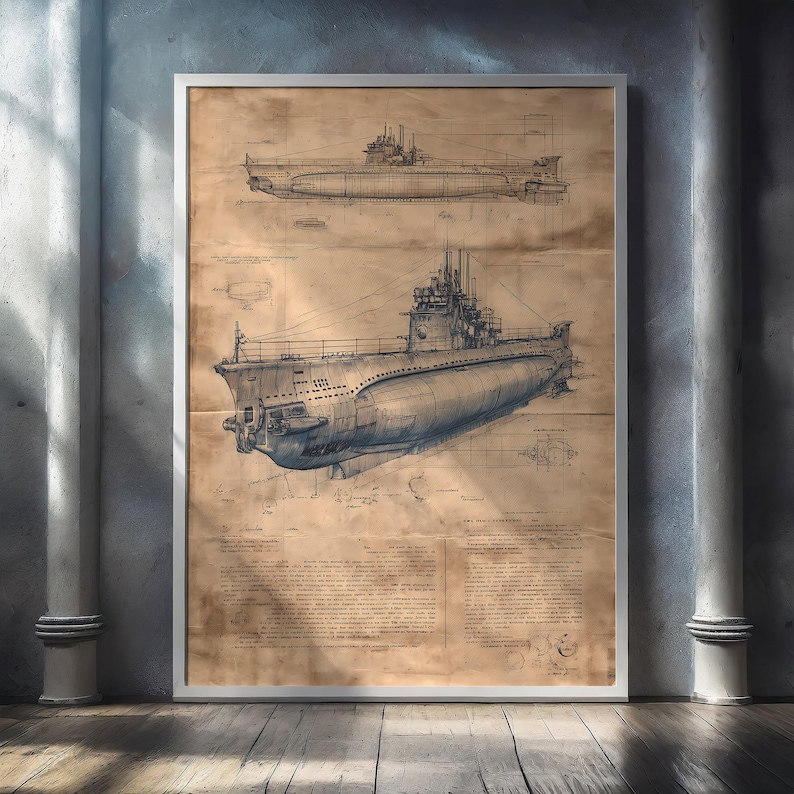 WWII German U-boat Blueprint Style Poster, Vintage Submarine Schematic ...