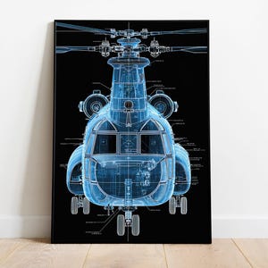 May include: A blueprint-style illustration of a helicopter, rendered in a translucent blue against a stark black background. The detailed artwork showcases the aircraft's internal structure and components, mounted in a black frame.