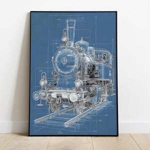 May include: Framed blueprint-style artwork of a vintage steam locomotive. The detailed illustration features the train's intricate mechanical components, rendered in white lines against a blue background. The artwork is displayed in a black frame.