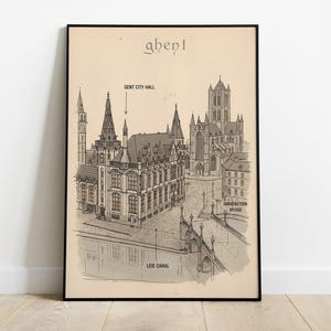 May include: Black framed print of a vintage architectural illustration of Ghent, Belgium. The artwork features detailed pen and ink drawings of buildings, including the Ghent City Hall and the Leie Canal. The print is displayed on a light-colored wall.