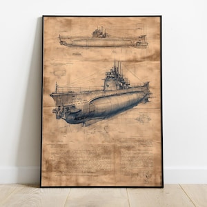 May include: Framed print of a submarine blueprint, showing detailed technical drawings in blue and grey. The print is on aged, sepia-toned paper, in a black frame. The print is leaning against a white wall.