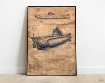 WWII German U-Boat Blueprint Style Poster, Vintage Submarine Schematic, Naval Engineering Wall Art