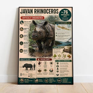 Puede incluir: Un póster educativo rectangular titulado Javan Rhinoceros que presenta una fotografía central de un rinoceronte, texto que detalla su estado de peligro crítico, mapas de hábitat, datos biológicos y esfuerzos de conservación con iconos.