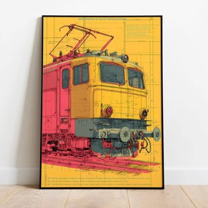 May include: A framed art print showing a stylized illustration of a yellow and red electric train. The artwork has a vintage aesthetic, with a yellow background and red and blue outlines. The train is depicted on tracks.