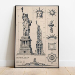 May include: A framed architectural print on beige paper featuring technical drawings of the Statue of Liberty. The artwork displays multiple views, including a full statue, a close-up of the head, the torch, and structural floor plans with labels.
