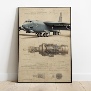 Pode incluir: Uma impressão emoldurada com uma ilustração detalhada de um bombardeiro B-52 e seus componentes do motor. A obra de arte é renderizada em tons de cinza e bege, com a aeronave em uma vista de três quartos. A impressão é exibida em um piso de madeira clara.