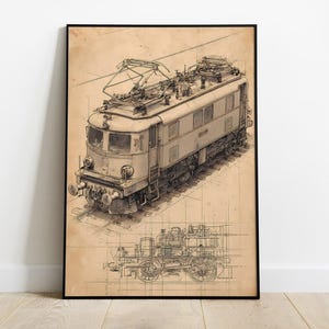 May include: Framed print of a vintage electric train, rendered in a detailed blueprint style. The artwork features a front view of the train and a schematic below, all in shades of beige and black. The print is displayed on a light wood floor.