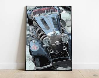 Poster di auto da corsa d'epoca, illustrazione di sport motoristici classici, arte di auto da corsa retrò, arte murale di vecchie automobili da corsa, download digitale