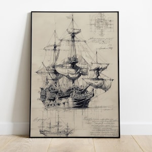 May include: Black and white sketch of a tall sailing ship with multiple masts and billowing sails, framed in a black border. The artwork includes architectural drawings and handwritten notes, creating a vintage nautical theme.