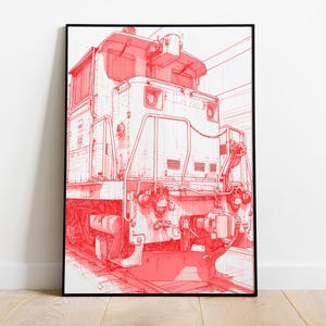 May include: Red and white sketch of a train engine in a black frame. The artwork depicts the front of a locomotive, showcasing its details with red lines on a white background. The framed art is displayed on a wooden floor.