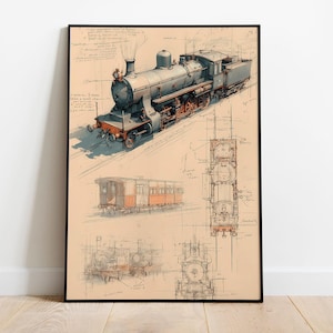 May include: A framed print featuring a detailed illustration of a vintage steam train, with accompanying technical drawings. The artwork showcases the train in shades of gray, red, and brown, set against a beige background. The print is displayed in a black frame.