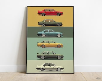 90s European Sports Cars Poster, Retro Car Illustration, Classic Euro Cars Wall Art, Automotive Print