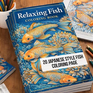 Op de afbeelding: Een stapel "Relaxing Fish Coloring Book" boeken. De omslag toont oranje en gele vissen met blauwe en gouden accenten. De tekst "20 Japanese Style Fish Coloring Page" is ook zichtbaar.