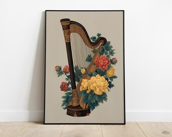 Harp Poster, Musical Instrument Wall Art, Botanical Illustration, Music Lover Decor, Elegant Printable Art, Digital Download, Floral Art