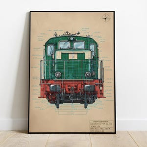 May include: Framed print of a green and red locomotive blueprint. The front elevation drawing shows detailed technical specifications, including measurements and annotations. The artwork is set against a tan background, with a compass rose in the upper right corner.