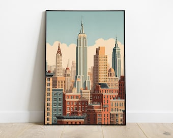 Minimalist New York Skyline Poster, Empire State & Chrysler Building Illustration, Retro Cityscape Wall Art, NYC Print, Digital Download