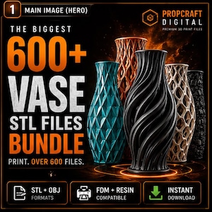 Pode incluir: Imagem mostrando um pacote de mais de 600 arquivos STL para vasos impressos em 3D. A imagem apresenta vários vasos com designs detalhados em várias cores, incluindo verde-azulado, preto e marrom. O texto destaca os principais recursos do produto: arquivos STL, compatível com FDM + Resina e download instantâneo.