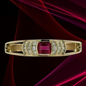 Pulsera de rubí apilable de oro macizo de 14 quilates, rubí rojo de talla esmeralda, regalo de cumpleaños o aniversario para ella, joyería vintage con piedras preciosas rojas.