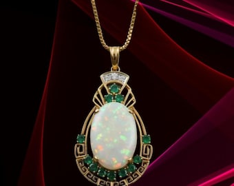 Opal & Emerald Pendant Necklace, 14k Gold Plated Jewelry, Vintage Art Deco Pendant, October Birthstone Gift, Valentine Day Gift For Wife