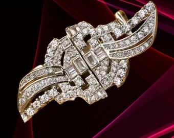 Stunning Art Deco Geometric Ribbon Double Clip Brooch Set, Diamond Vintage Style 14K Gold Plated Great Gatsby, Valentine Day Gift Wife