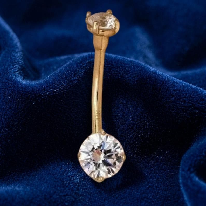 14K Yellow Gold Round Diamond Belly Button Ring/Internally Threaded Navel Ring/Navel Jewelry/Belly Piercing/Curved Barbell/Gift for Her/Wife