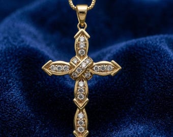 Diamantkorshänge, 925 sterlingsilver, 14k gult guld, elegant religiöst halsband, kristna smycken, alla hjärtans dag-present till fru