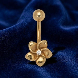 Round Cut Natural Moissanite Flower Belly Ring, 14K Yellow Gold Plated Internally Threaded Navel Ring, Dainty Body Jewelry Gift for Her