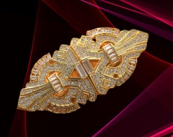 Stunning Art Deco Geometric Fan Double Clip Brooch Set, Diamond 1920s Vintage Style Gold Plated Great Gatsby Pin, Valentine Day Gift Wife