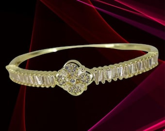 14k/18k Diamond Statement Bangle - Yellow Gold Bangle Bracelet - Diamond Cuff Bracelet - Baguette & Round Diamond Jewelry Gift For Wife