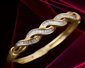 Baguette Moissanite Criss Cross Bangle, 14k Yellow Gold Diamond Bangle, 925 Sterling Silver, Luxury Diamond Cuff Bracelet Gift for Wife